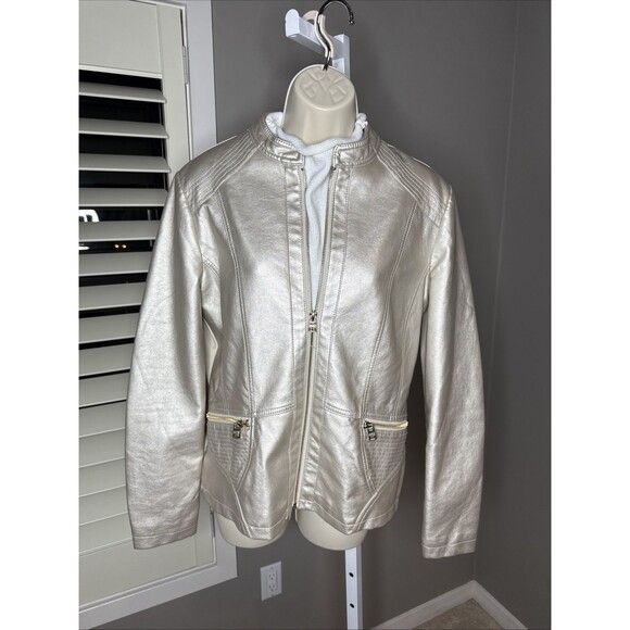 MARC NEW YORK jacket Champagne Satin Gold Faux Leather Gold Zip MEDIUM - Picture 1 of 14